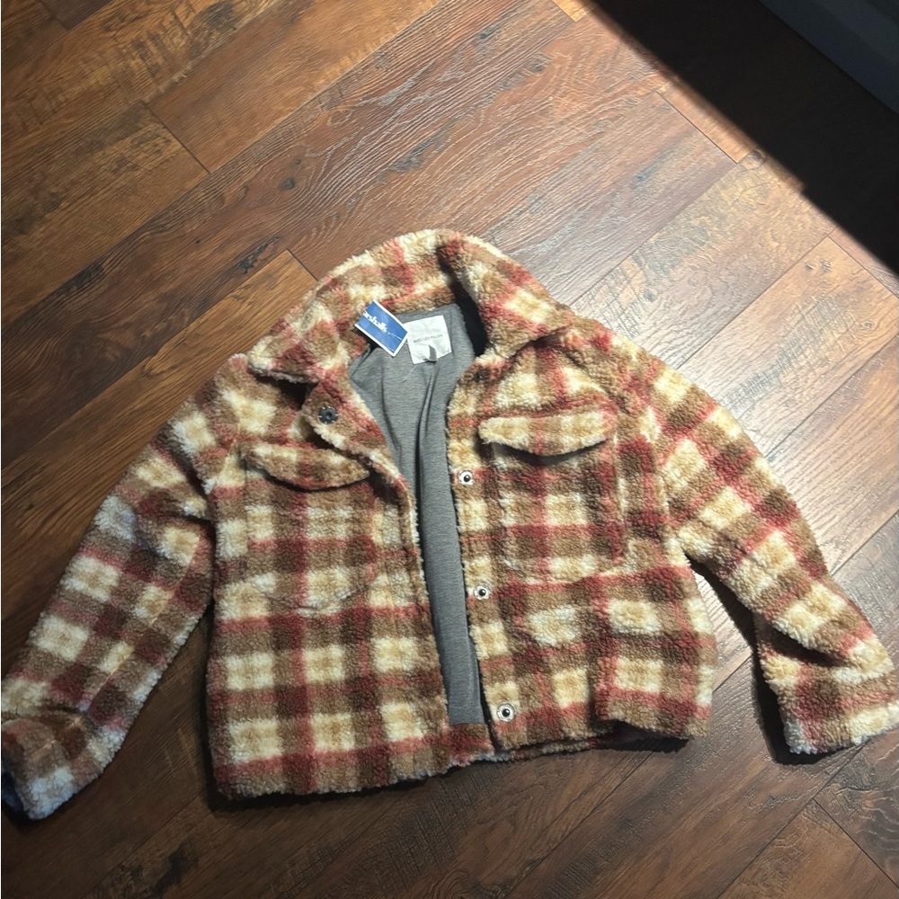 Avec Les Filles Cream and Brown Plaid Teddy Jacket - Picture 10 of 12